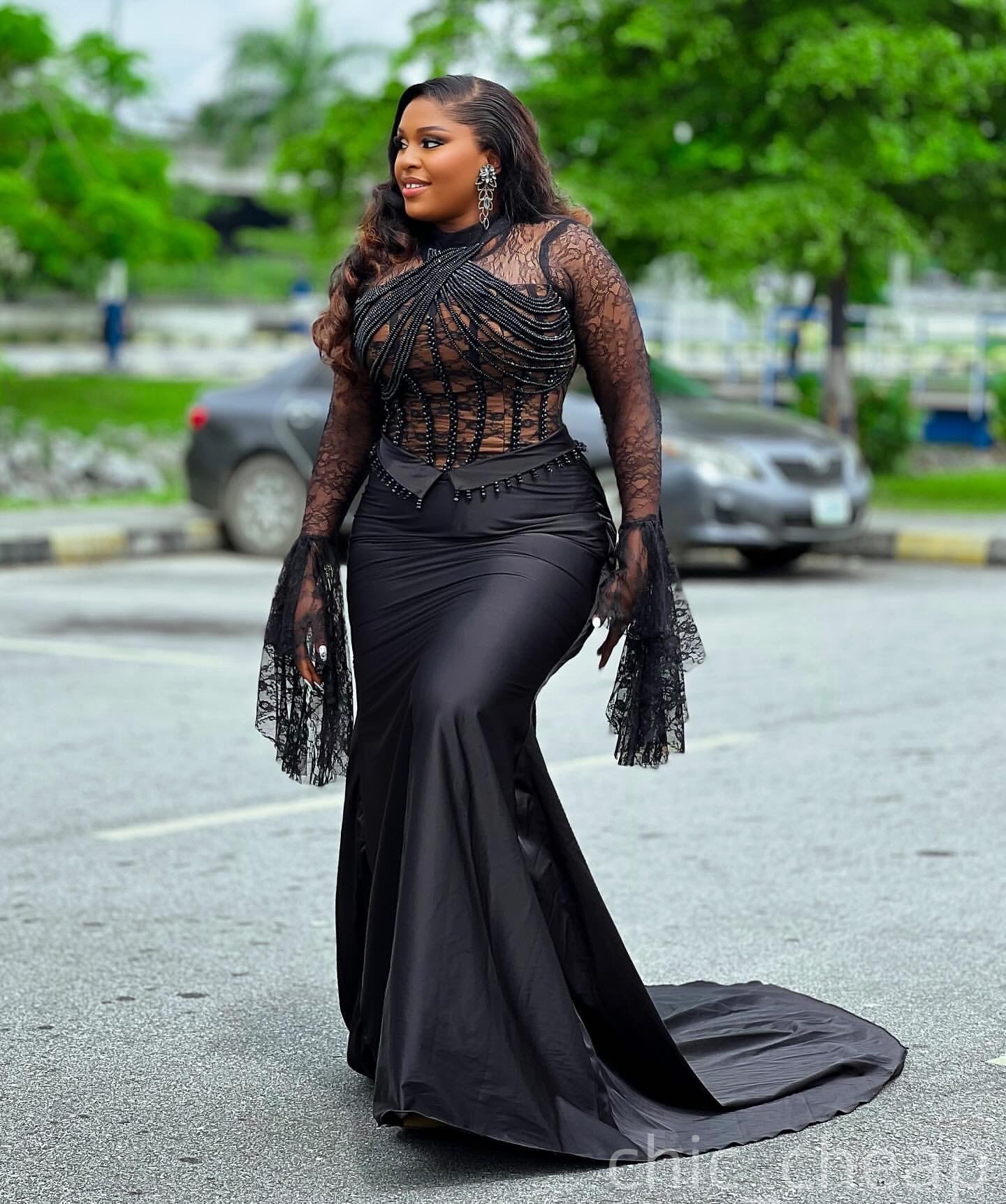 Mermaid Black Plus Size Prom Dresses 2025 Pearls Satin Illusion Vintage Evening Formal Party Second Birthday Engagement Gowns Dress For Special Occasi