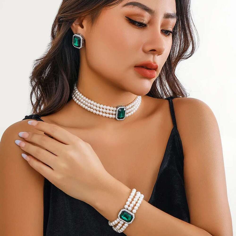 4Pc Women's Fashion Light Short Style Imitation Pearl Turquoise Necklace Earrings Bracelet Jewelry Set Party Festival Gif