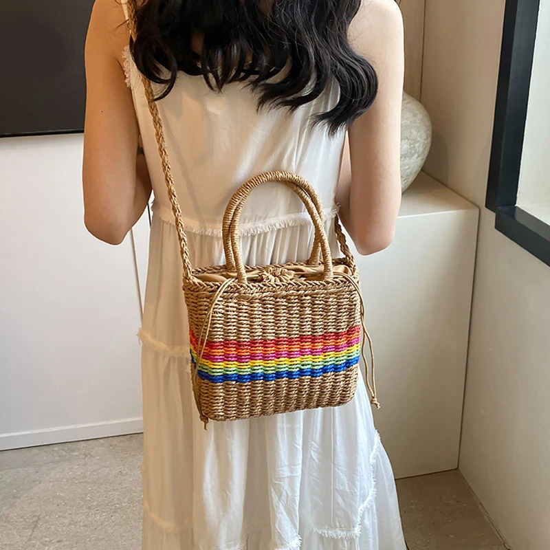 Womens cross bag with pull rod womens handbag Versatile Straw rainbow suspender womens casual shoulder bag 250427