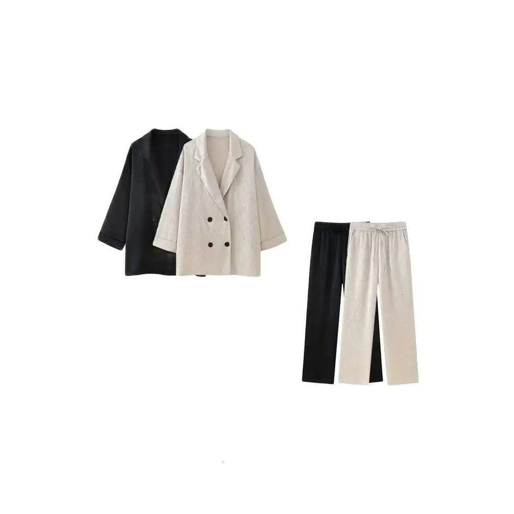 Trza-Women's Double-Breasted Loose Blazer Coat And High Elastic Waist Wide Leg Pants, Female Two Piece Sets, Fashion