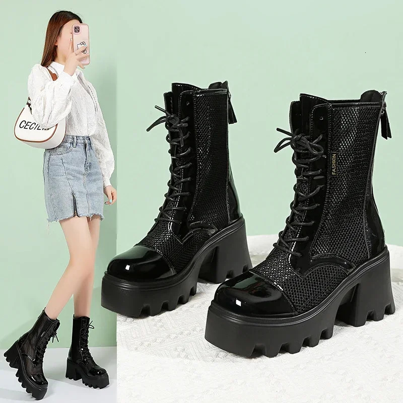 Summer Platform Ankle Boots for Women Black White Mesh Breathable Sandals Casual Shoes Woman Zip Thick Bottom Booties 250428