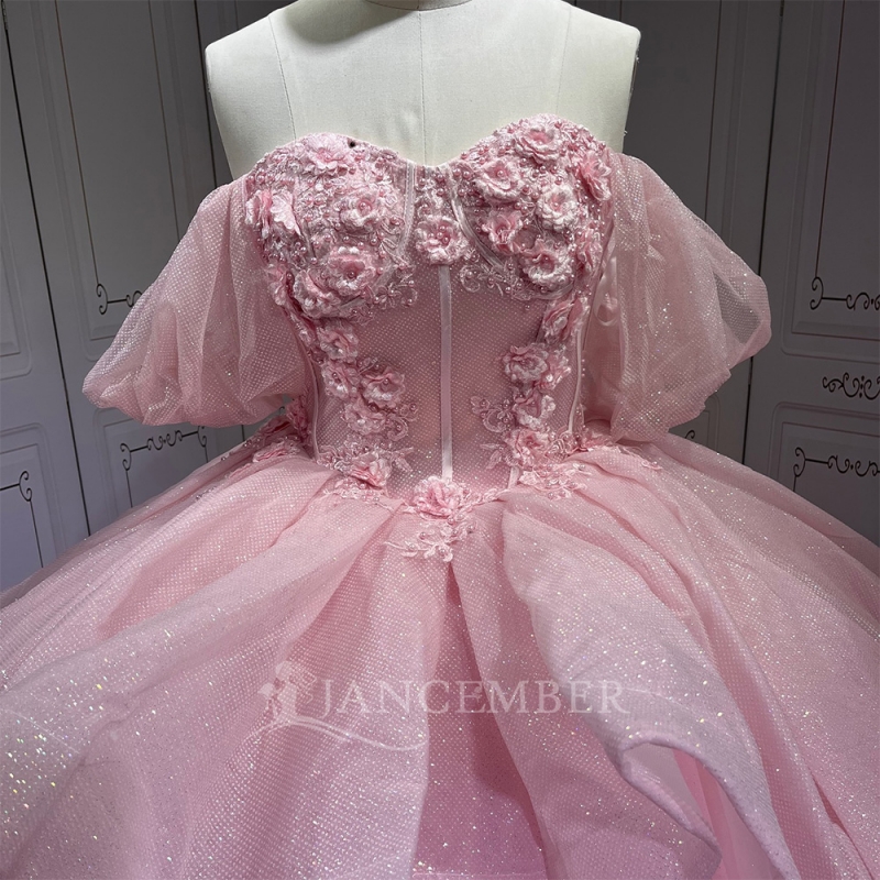 Pink Princess Quinceanera Dresses Off Shoulder Applique Lace Beads Tull Sweet 16 Dress Ball Gown Vestidos 15 Anos