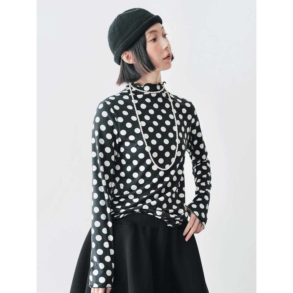 IMAKOKONI Original Design Polka Dot Long Sleeved Slim Fit Black Round Neck Pullover Thin Top For Women 244783