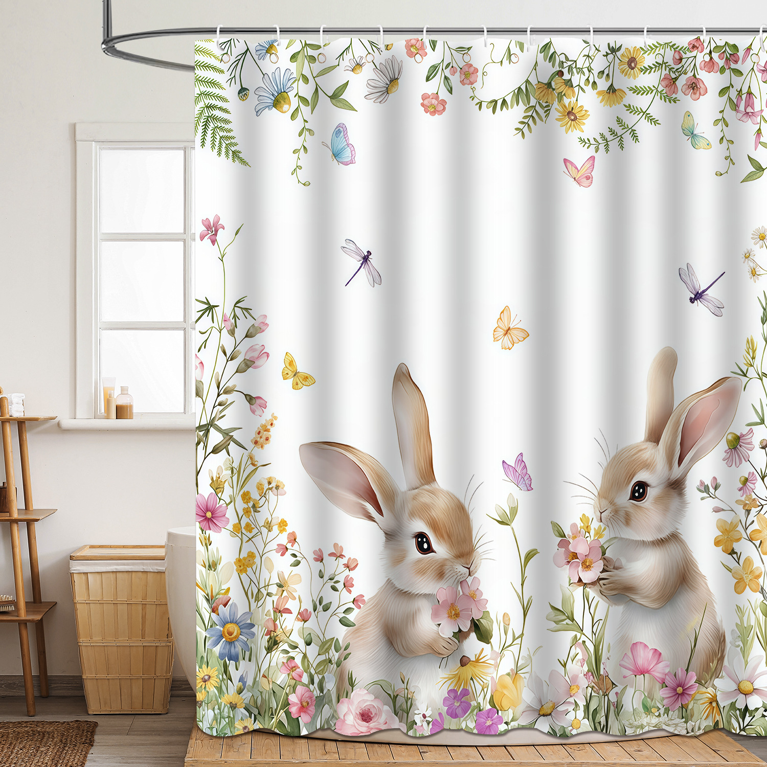 YL-37844 Shower curtain digitally printed with Easter bunny and egg designs, polyester waterproof and mildew-proof shower bathroom partition curtain