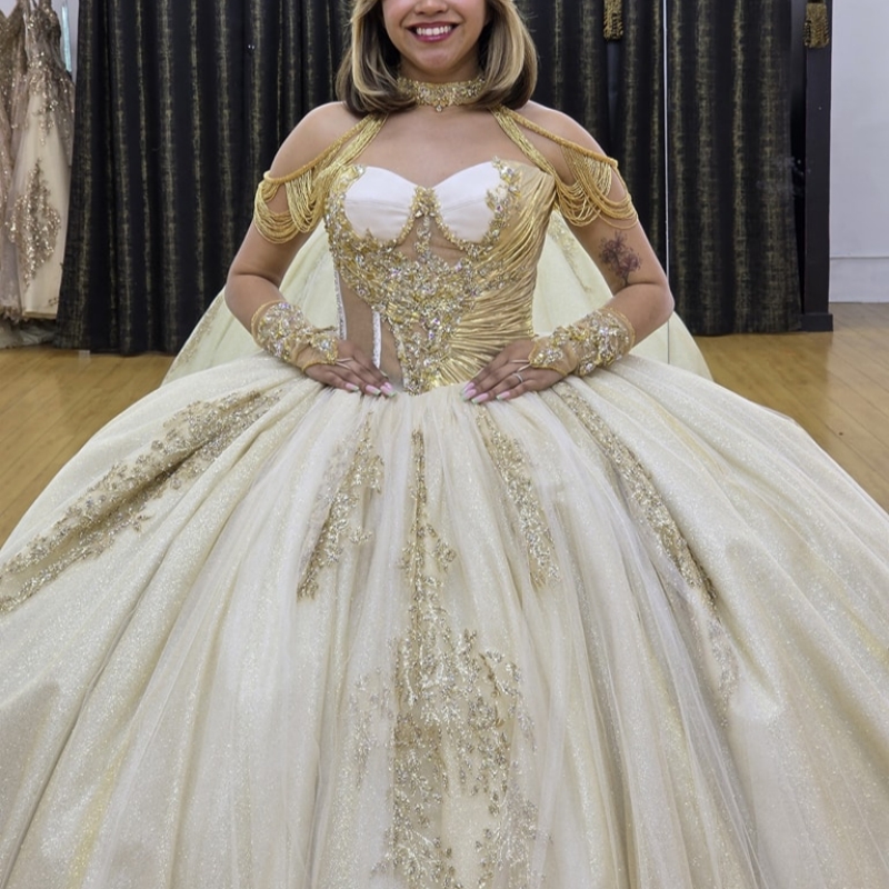 Champagne Shiny Princess Quinceanera Dresses Off Shoulder Applique Lace Beads Tull Sweet 16 Dress Ball Gown Vestidos 15 Anos