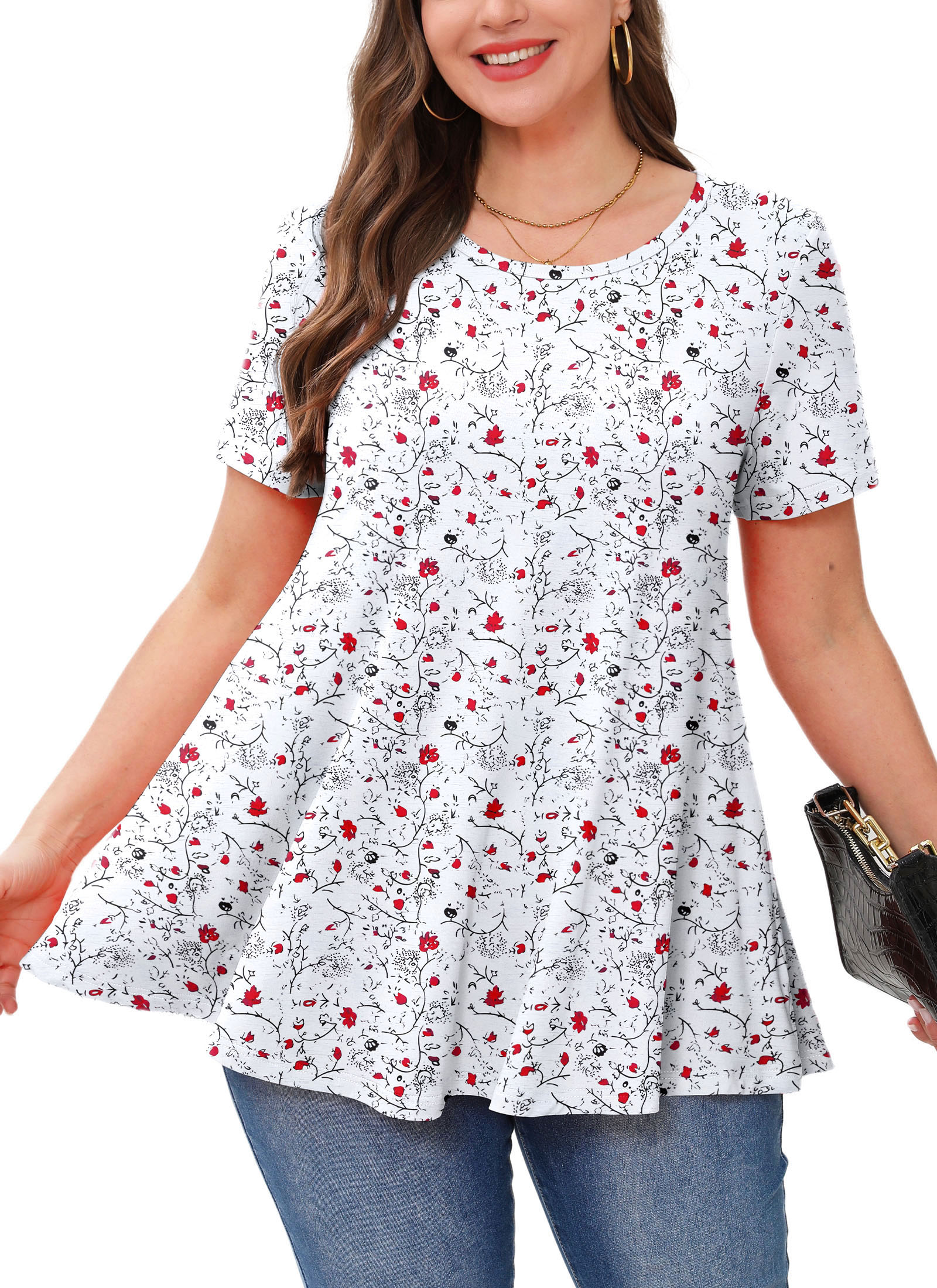 Tunic Tops for Women Plus Size Short Sleeve Crew Neck Swing Flare Loose T-Shirt Blouses to Wear with Leggings White Floral Tops