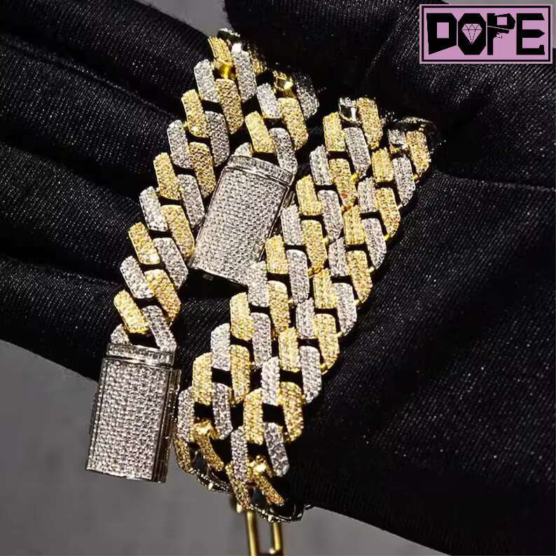 14mm Hiphop Cuban Link Chain Two Tone VVS Mossanite Miami Cuban Necklace 925 Silver Moissanite Cuban Chain