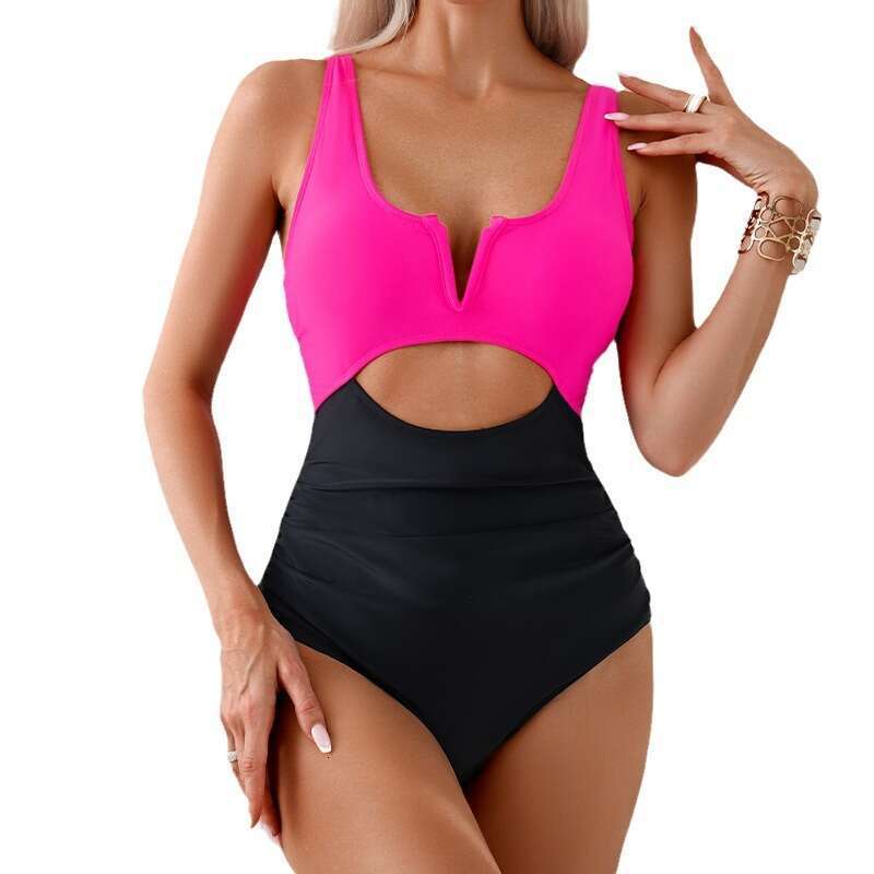 New European and American one-piece women, quick drying, flesh covering, hot spring slimming, contrasting color swimsuit for women wholesale, 2025 new