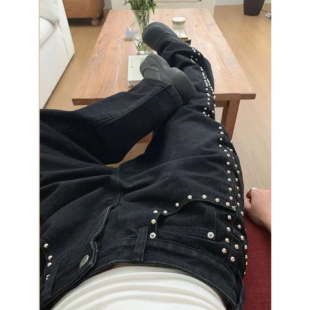 Fashion Woman's Metal Rivet Wide Leg Jeans Trousers Baggy Low Rise Pockets Denim Chic Lady High Street Casual Pants Y2k Stylish