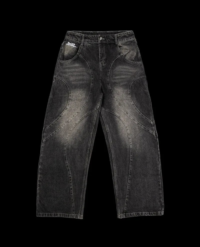 High Street Trendy Baggy wide leg jeans Harajuku mens Y2K streetwear punk retro embroidered patchwork straight leg pants 250423