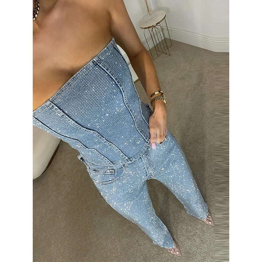 Sequin Denim Tube Crop Top Pants Set Women Sexy Solid Sleeveless Vest High Waist Zipper Jeans 2025 Fashion Street Ladies Outfits