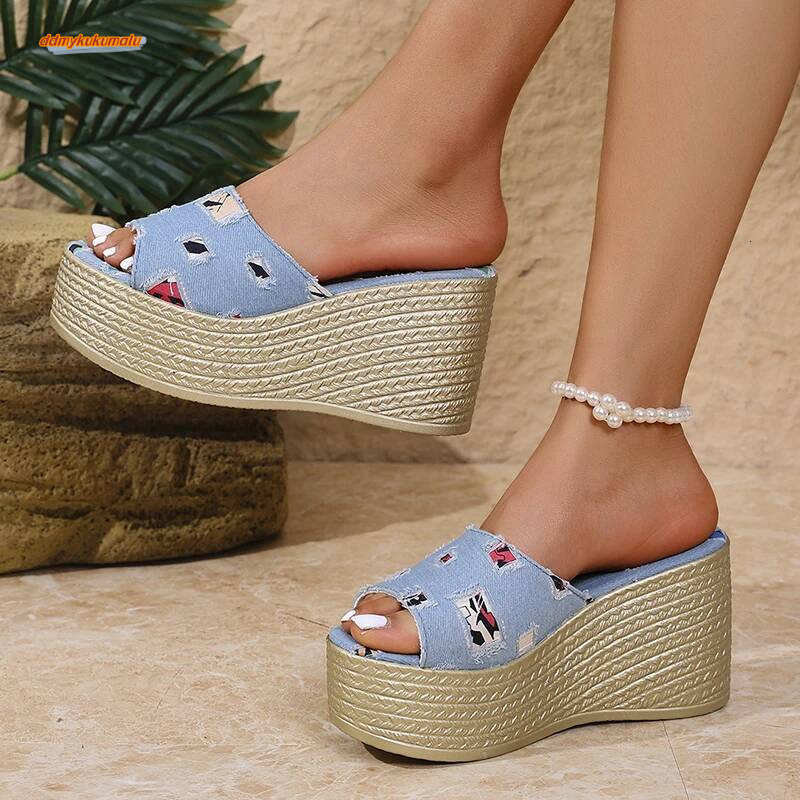 One Strap Denim Wedge Women Plus Size Fashion Slip On Platform Heels Sandals Woman Summer Thick Bottom Beach Slippers ddmykukumalu