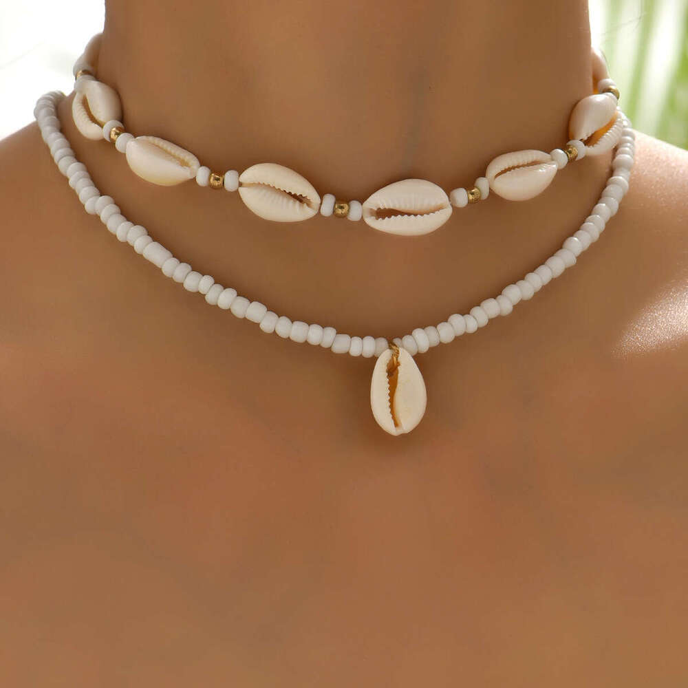 Xiang decoration beach vacation style shell pendant necklace, hand woven rice beads, double-layer stacked collarbone chain