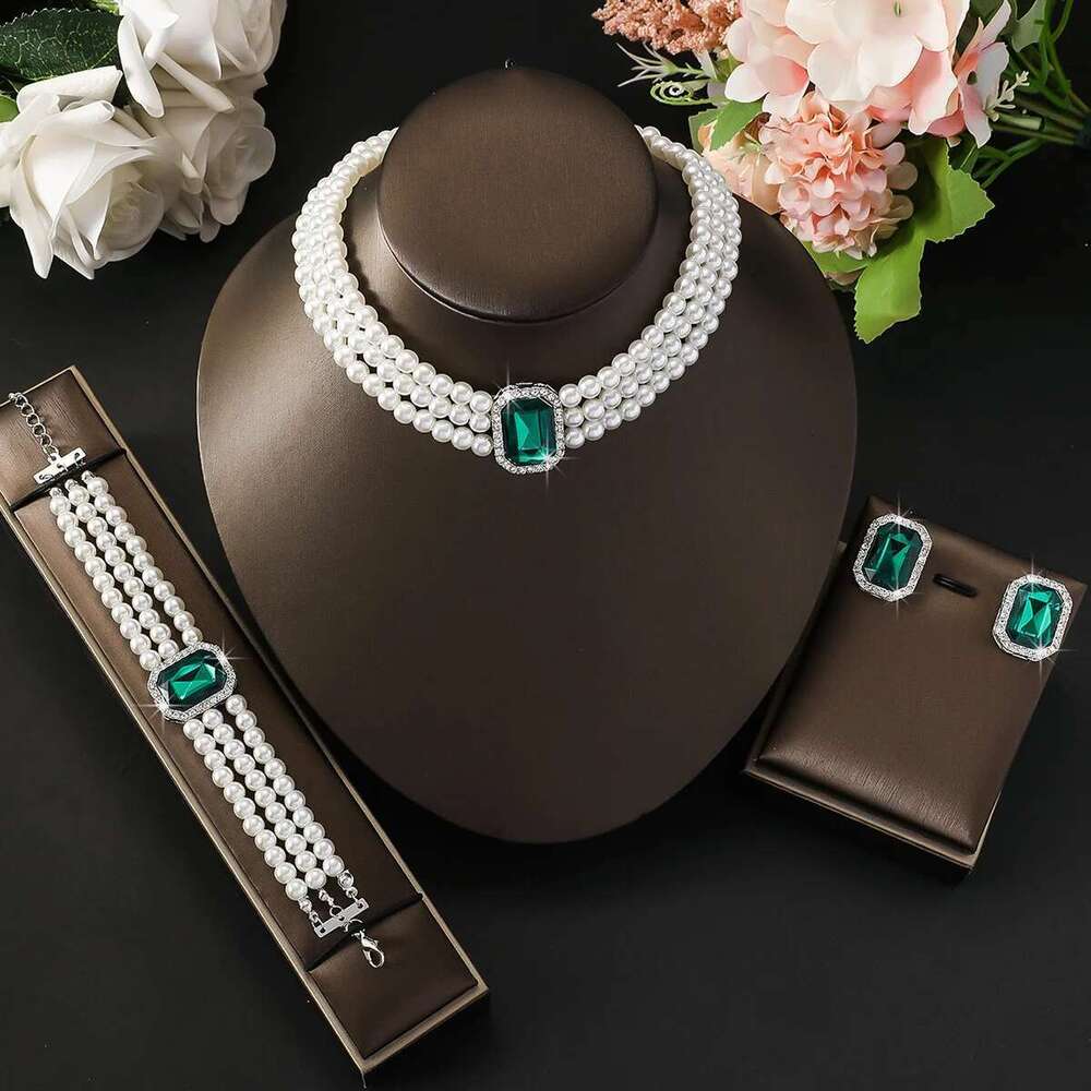 4Pc Women's Fashion Light Short Style Imitation Pearl Turquoise Necklace Earrings Bracelet Jewelry Set Party Festival Gif