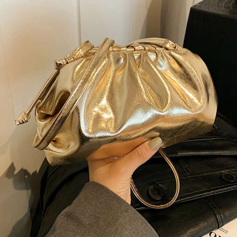Small Design Women S Soft PU Leather Gold Sier Cloud Hobo Bag Elegant Dressy Handbag Ruched Dumpling Party Clutch Purse Bag
