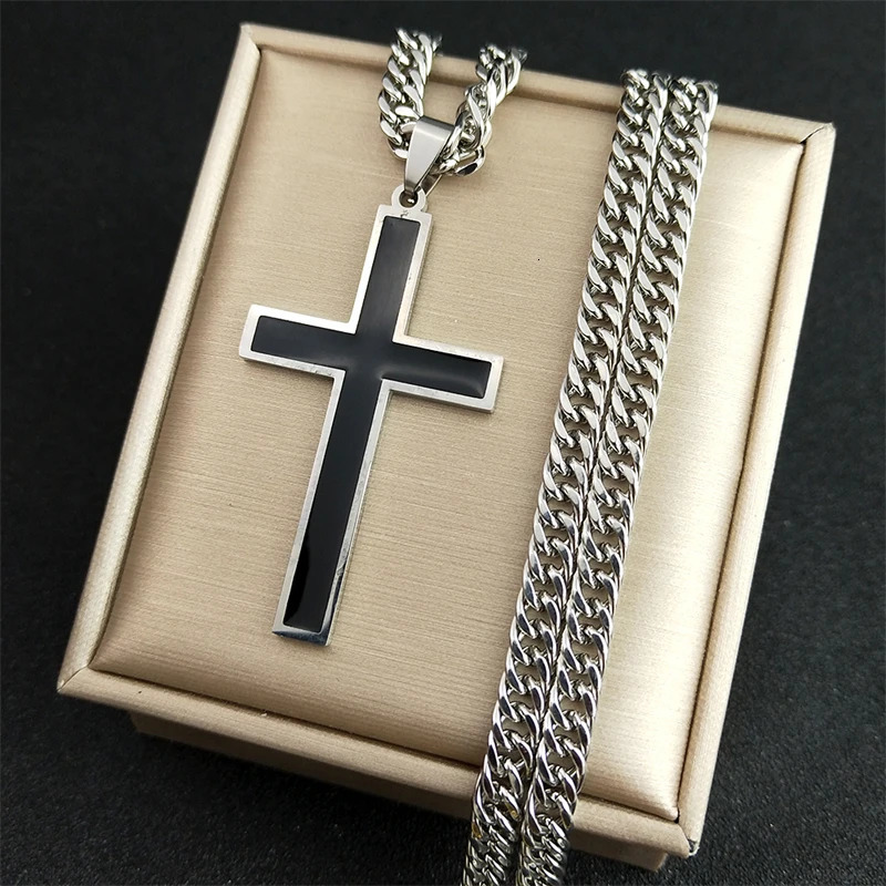 Punk Hip Hop Black Cross Pendant Necklace for Women Men Stainless Steel Gold Color Male Jesus Christ Chain Jewelry colar N8236S0 250428