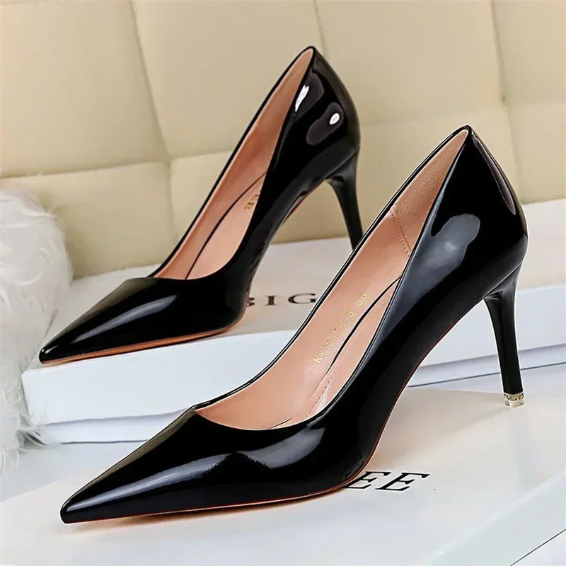 BIGTREE Summer Womens Pumps Sexy Champagne Grain Patent Leather Pointed High Heels Stiletto Femme Party Mules Shoes 251125