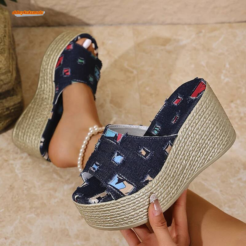 One Strap Denim Wedge Women Plus Size Fashion Slip On Platform Heels Sandals Woman Summer Thick Bottom Beach Slippers ddmykukumalu