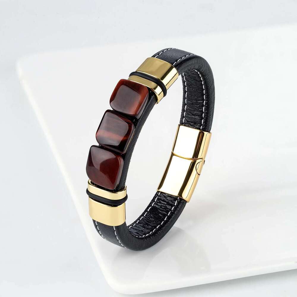 New Multi Color 3 Square Natural Old Tiger Eye Vintage Charm Wide Leather Rope Men's Stainless Steel Bracelet Jewelry