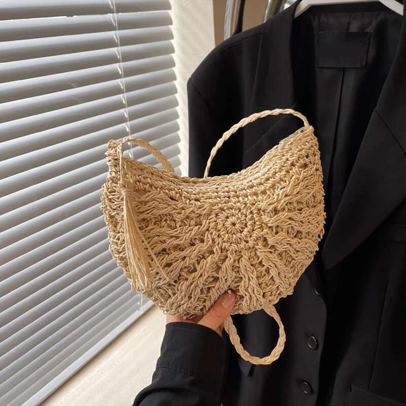 Half Round Straw For Women Summer Beach Rattan Shoulder Bag Zipper Woven Crossbody Handbags Bohemia Vacation
