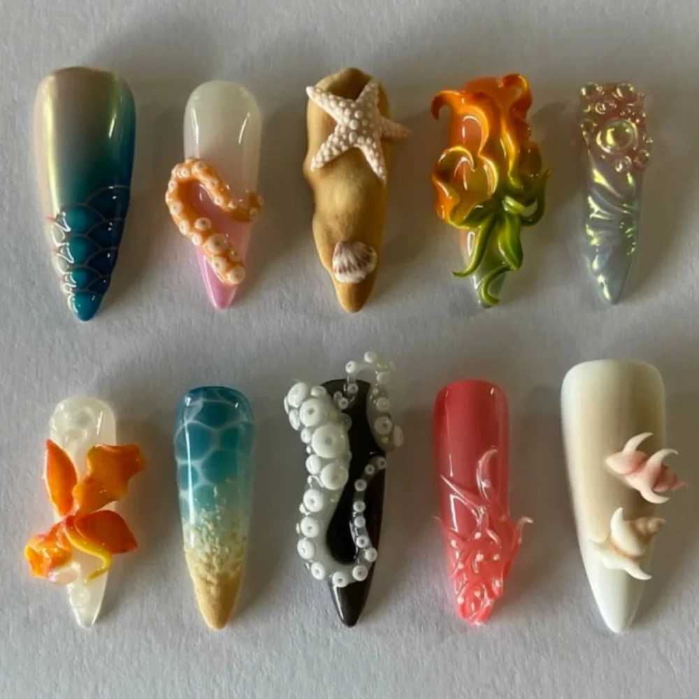 10 piece handmade full set pressing girls nails 3D star style almond pattern ABS material nail art Sn strap set H25429