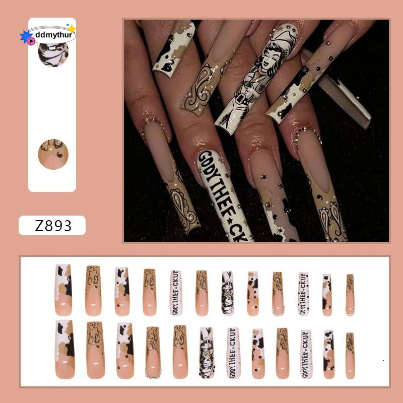 Simple Y2K Long Coffin French Ballerina Letter Design False Full Cover Artificial Nails Press On Valentine's Day CF36 ddmythur