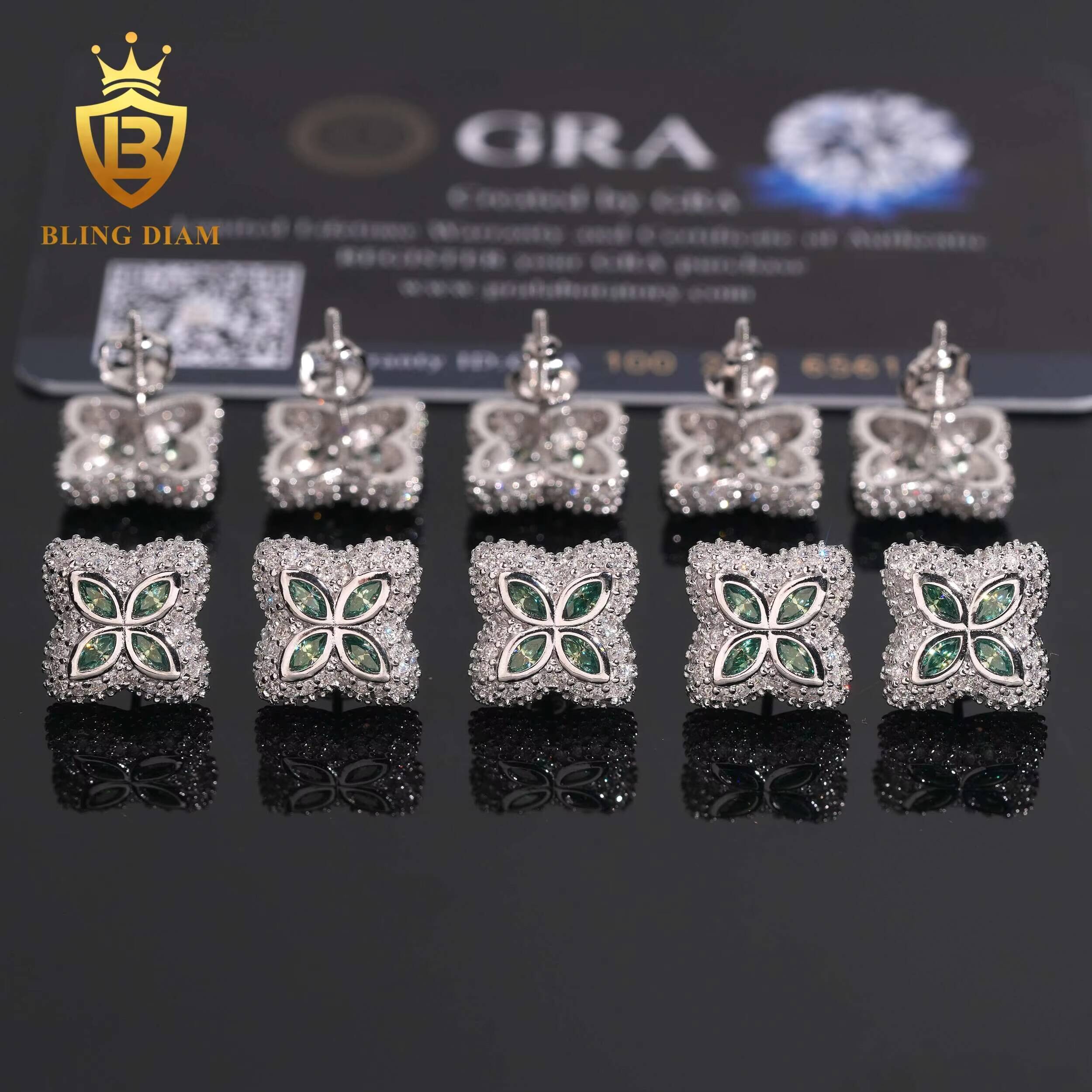 Hot Sale Fashion HipHop Olive Green Moissanite Four-Leaf Clover-Shaped Earring 15mm Diamond Earrings 925 Sterling Silver Earring