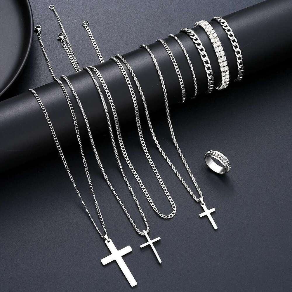 Sier Color Punk Stainless Steel Cross Jewelry Set For Women Men Hiphop Twisted Necklaces Crystal Bracelets Chain Ring Fashion