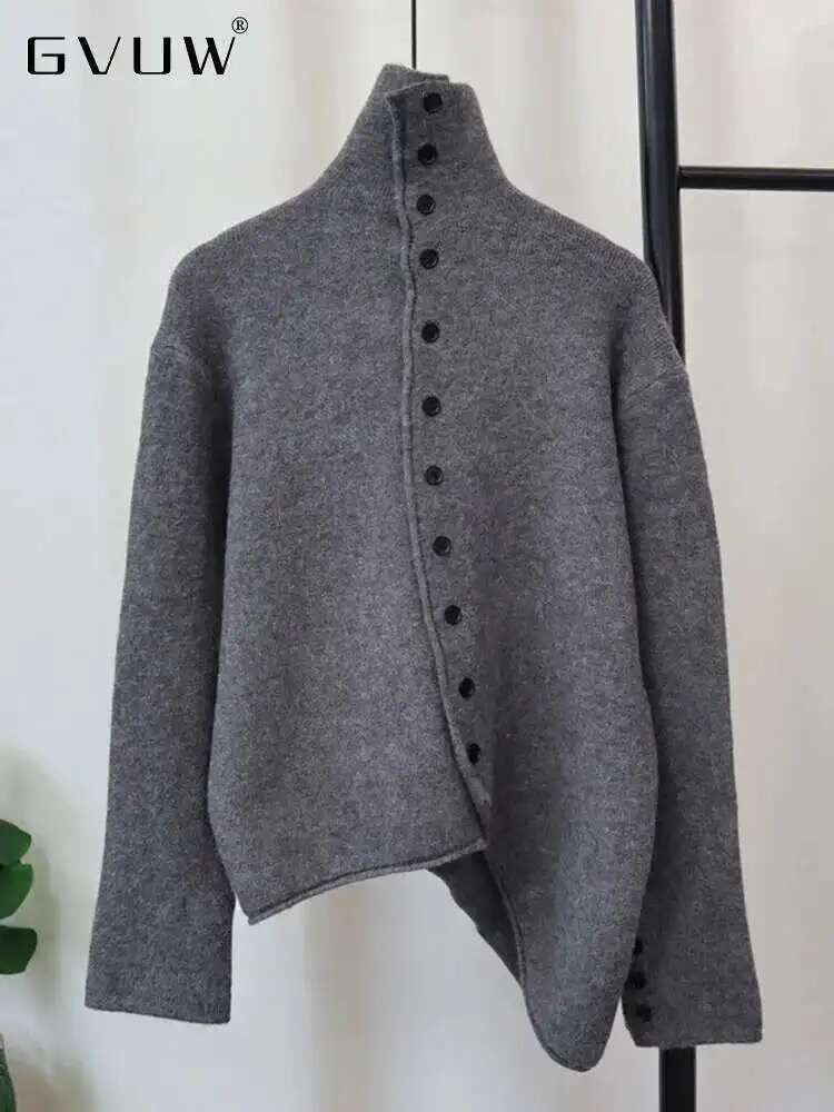 GVUW Knitted Irregular Sweater Women Single Breasted Full Sleeve Turtleneck Solid Color Versatile New 2025 Female Tops 17G8404 fashion clothing women