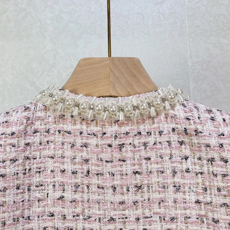 Summer Autumn Crystal Pearl Tweed Dress Set Women Summer Autumn Crop Top Jacket Midi Long Pencil Skirt Suit Office Outfit 251129