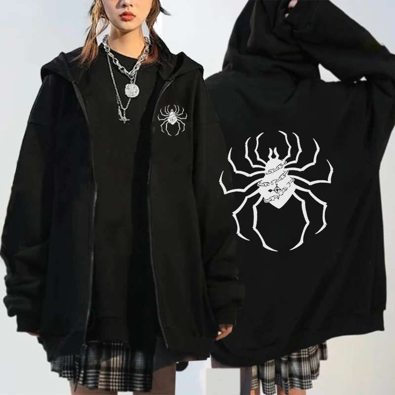 X Hunter Spider Print Anime Zipper Hoodie Men Women Gothic Y2K Zip Up Jacket Hoodies Casual Sweatshirt Coat Streetwear fashion clothing women