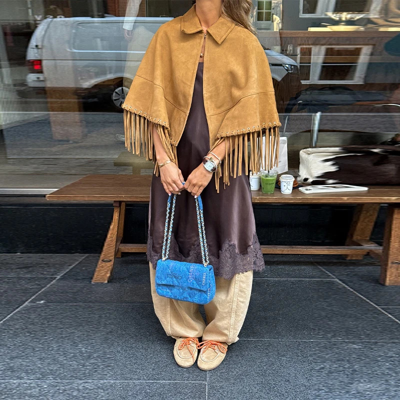 Autumn Brown Tassel Suede Cape Jackets Fashion Lapel Patchwork Loose Short Coat Chic 2025 Lady High Street Outerwears 251129
