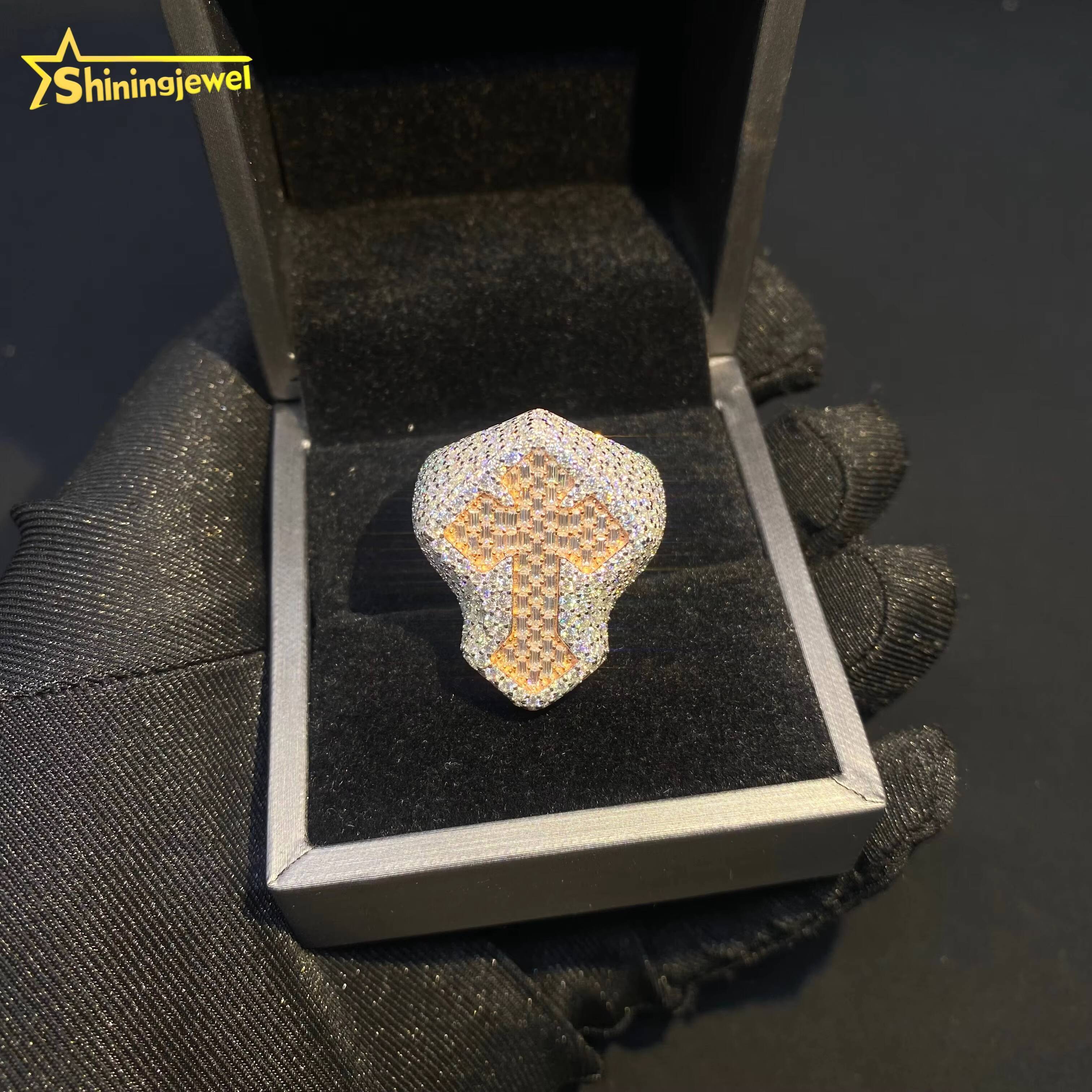 GRA Certificate Diamond Men Ring Iced Out VVS Moissanite Hip Hop Style 925 Sterling Silver Jewelry Custom Baguette Cross Rings