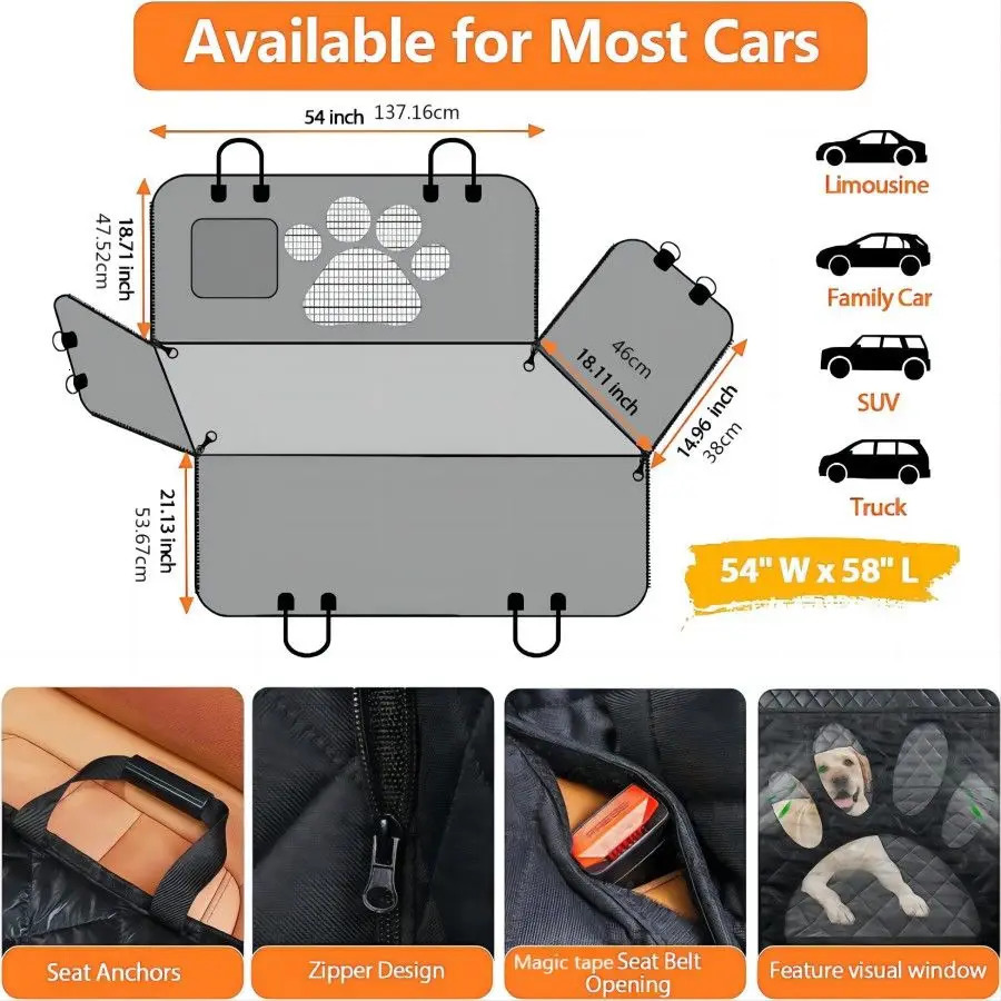 Dog car seat cover for rear seats 100% waterproof dog car suspension with visual mesh windows and side zipper car seats and door protection 250427