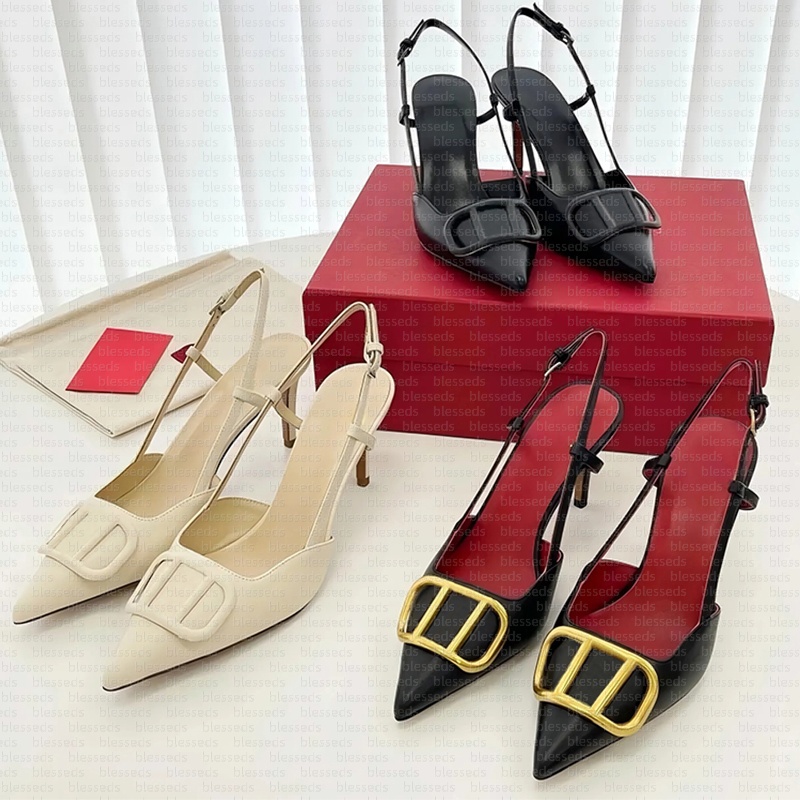 High Heels Designer Sandals Classics Metal Buckle Pointed Toe Thin Heel slingback heels Summer Genuine Leather Woman Wedding Shoes 4cm 6cm 8cm 10cm Dress Shoes W02