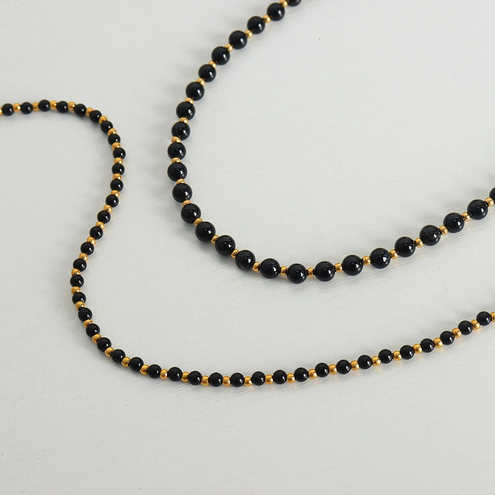 Black agate necklace womens round bead chain Gothic accessories Ot buckle gold-plated jewelry couple gift 250428