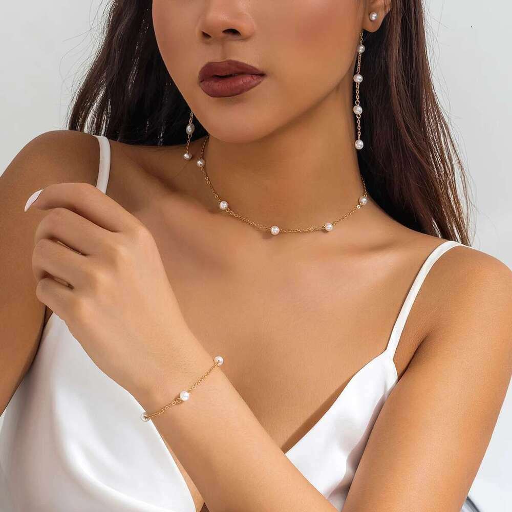 Korean Fashion Imitation Pearl Chain Necklace Bracelet Drop Earrings For Women Girls Sweet Piercing Earring Wedding Jewelry Set