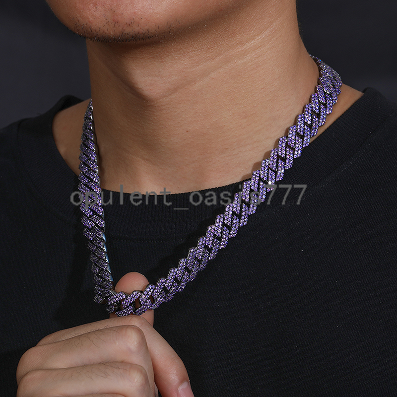 Hip Hop Jewelry 14mm Black Gold Plated Brass Metal Purple moissanite Diamond Iced Out Cuban Link Chain Necklace for Men