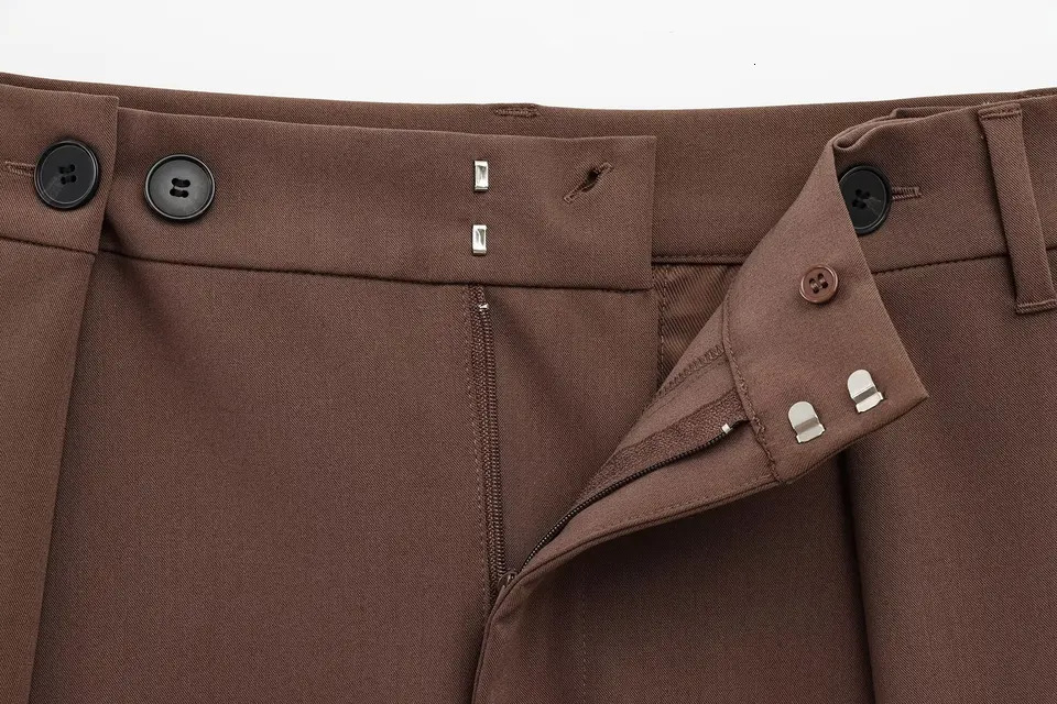 TRAFZA Womens Elegant Loose Set Brown Pocket Belt Sportswear Custom Pants Spring French Romantic 250418