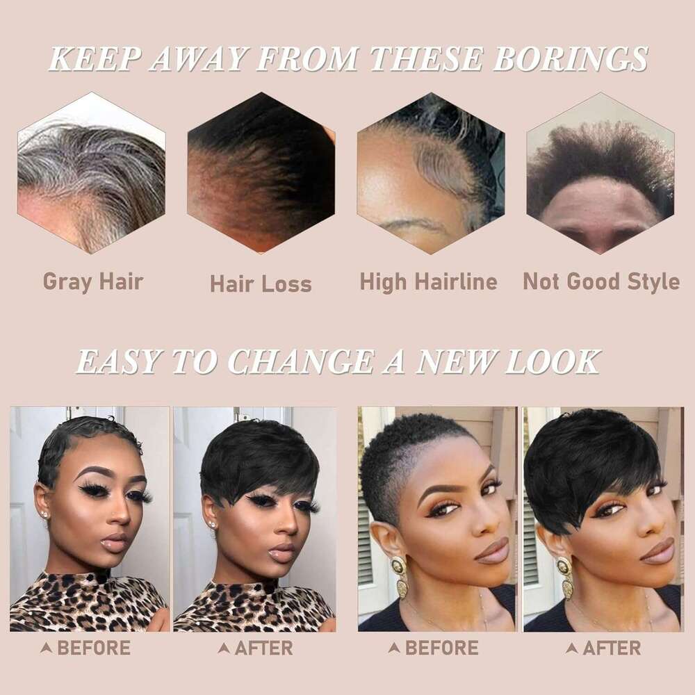 RUWISS Cut Human Hair Pixie with Bangs Natural Wig Layered Wavy Different Style Short Wigs for Black Women (1B#)