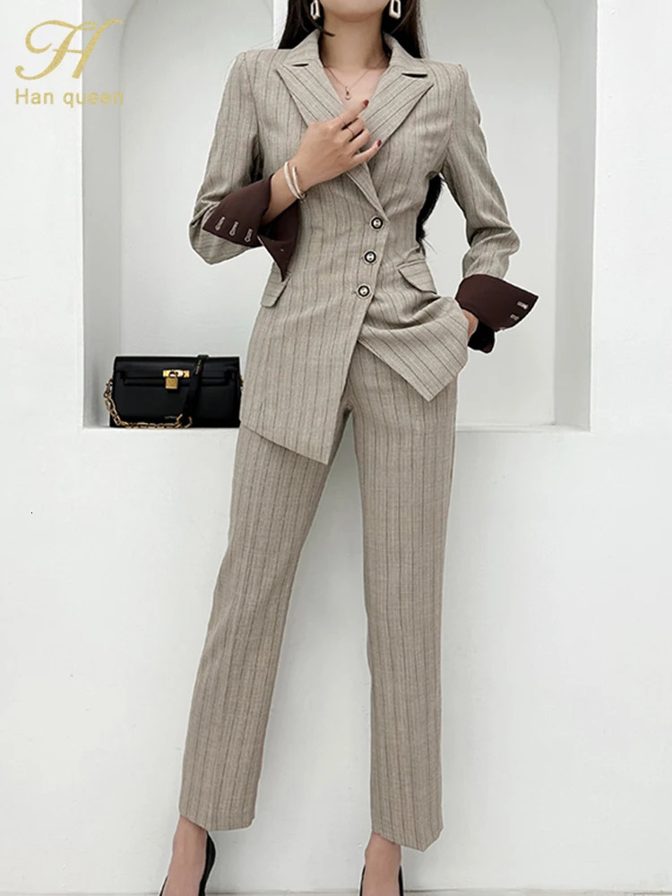 H Han Queen Autumn Winners Official Two Piece Set Elegant Long Sleeve Jacket and Pants Korean Casual Womens 250530