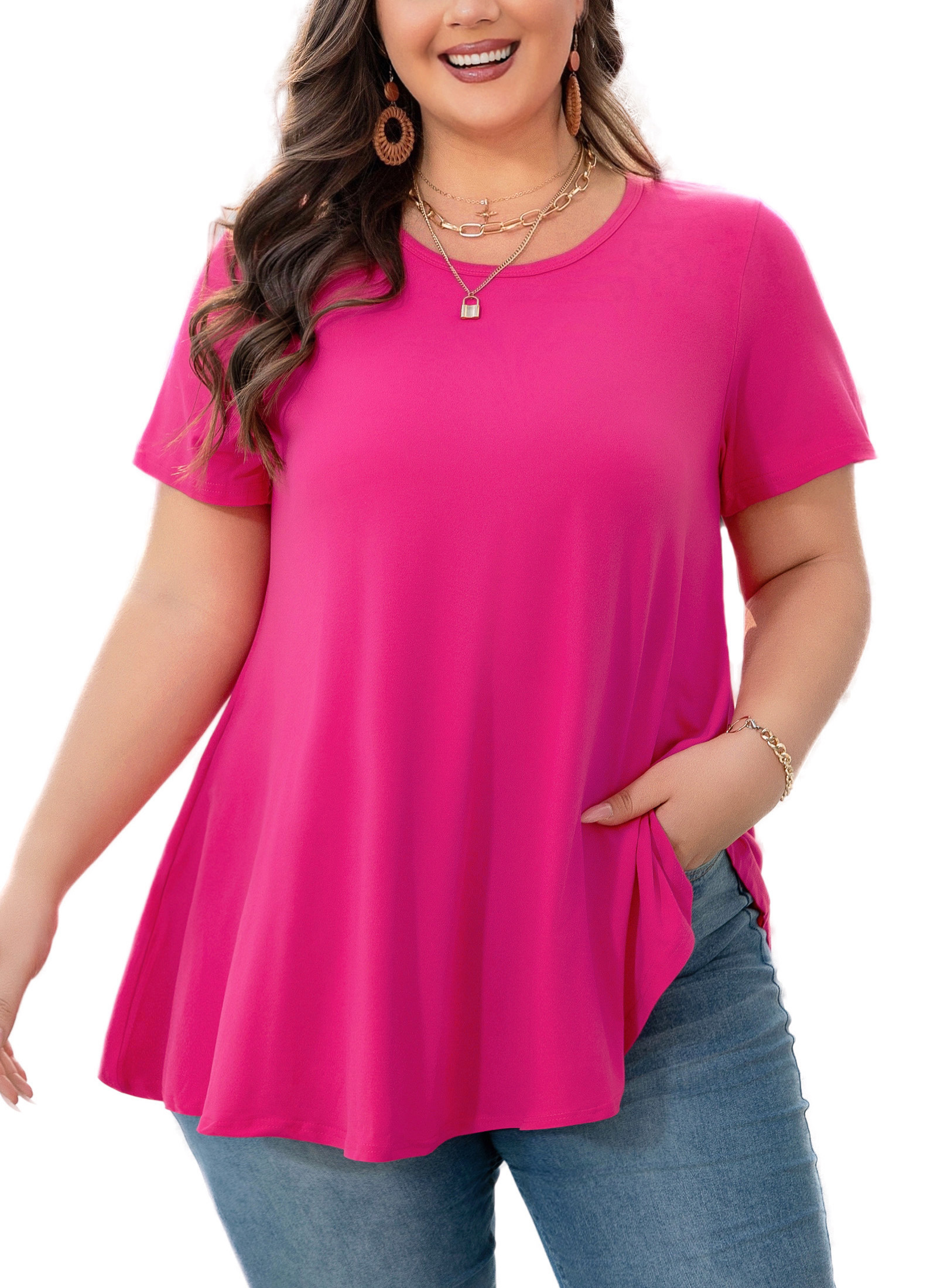 Tunic Tops for Women Plus Size Short Sleeve Crew Neck Swing Flare Loose T-Shirt Blouses to Wear with Leggings Hot Pink Tunic