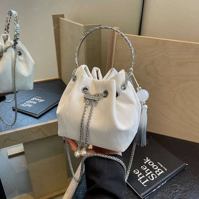 Korean handbag 100 chain shoulder bag cross body bag fashionable womens bucket bag pendant decorative PU material 250427