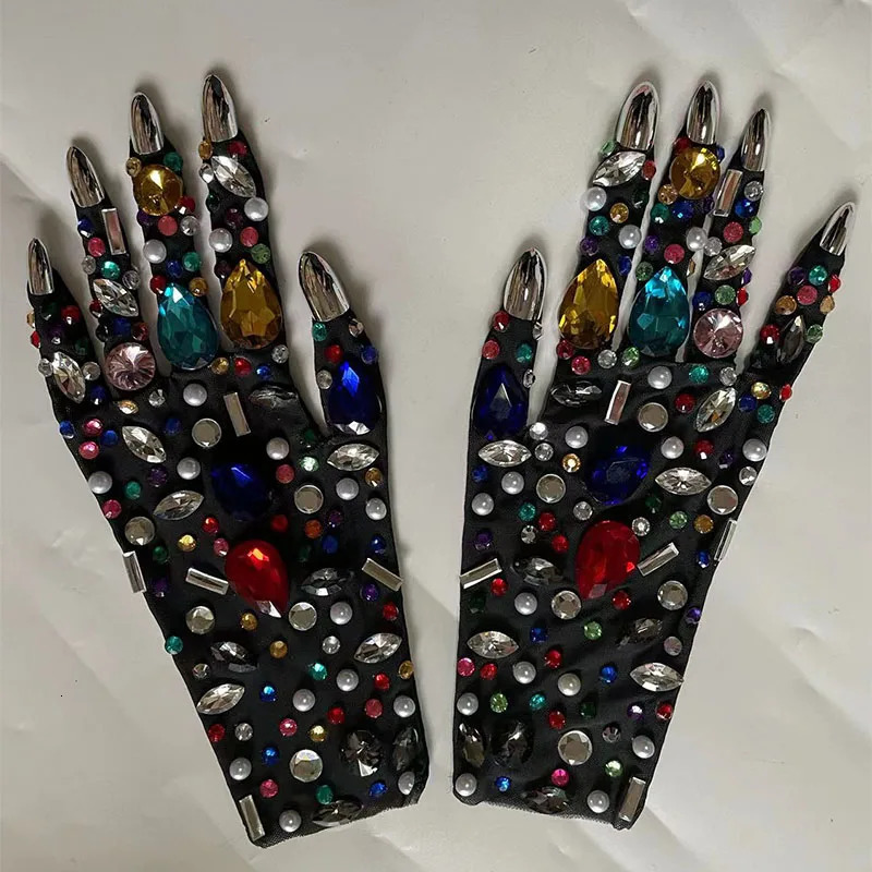Sexy Rhinestone Mesh Gloves Shining Crystal Short Gloves Stage Performance Show Accessories Nightclub Party Outfit 250420