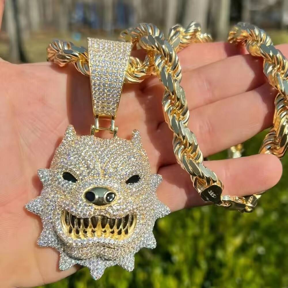 Iced Out VVS D Color Moissanite Diamond 18K Gold Plated 925 Sterling Silver Angry Pitbull Dog Pendant Necklace Men