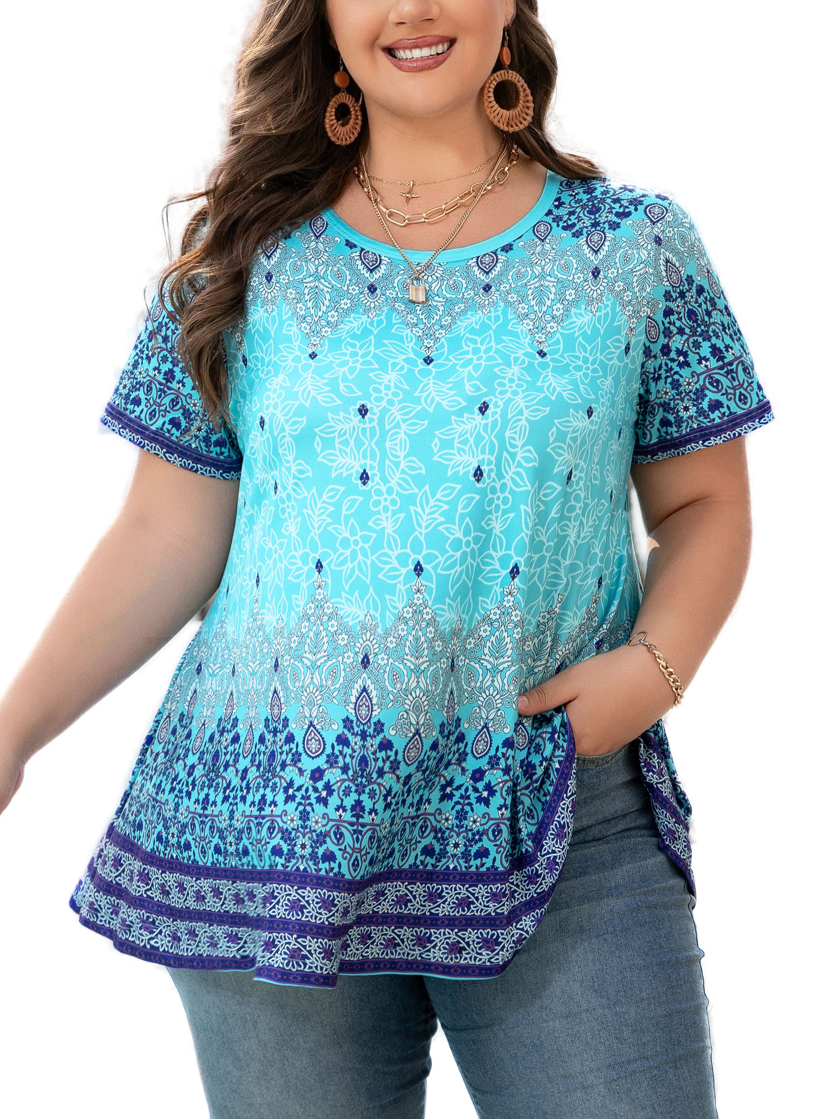 Tunic Tops for Women Plus Size Short Sleeve Crew Neck Swing Flare Loose T-Shirt Blouses to Wear with Leggings Blue Paisley Floral Tunics