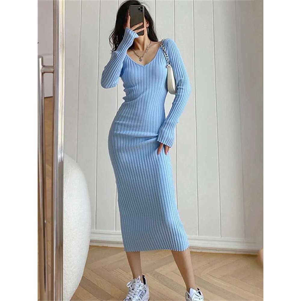 New Women Autumn Knitted V Neck Sexy Slim Elastic Oversized Basic Bodycon Sweater Winter knit Warm Long Dress