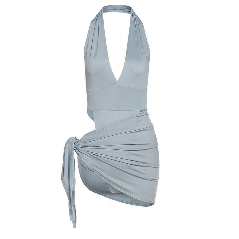 INS European and American style 2021 summer sexy V-neck backless jumpsuit, fashionable hip hing short skirt set, women's 2025 temperament versati