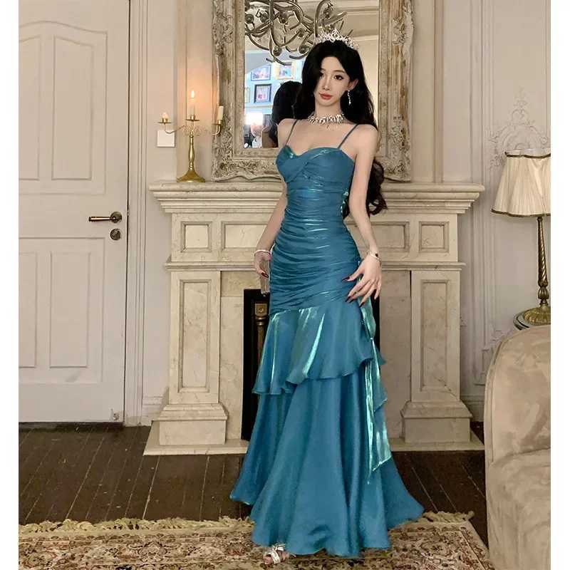 Blue Mermaid Goddess long dress chest cushion strapless dress birthday party coming of age ceremony intimate friend gathering W250430