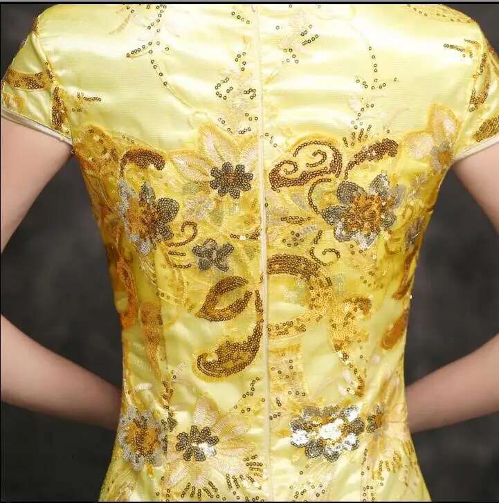 Chinese Traditional Dress Long Chipao Sequin Gold Cheongsam Women Host Stage Oriental